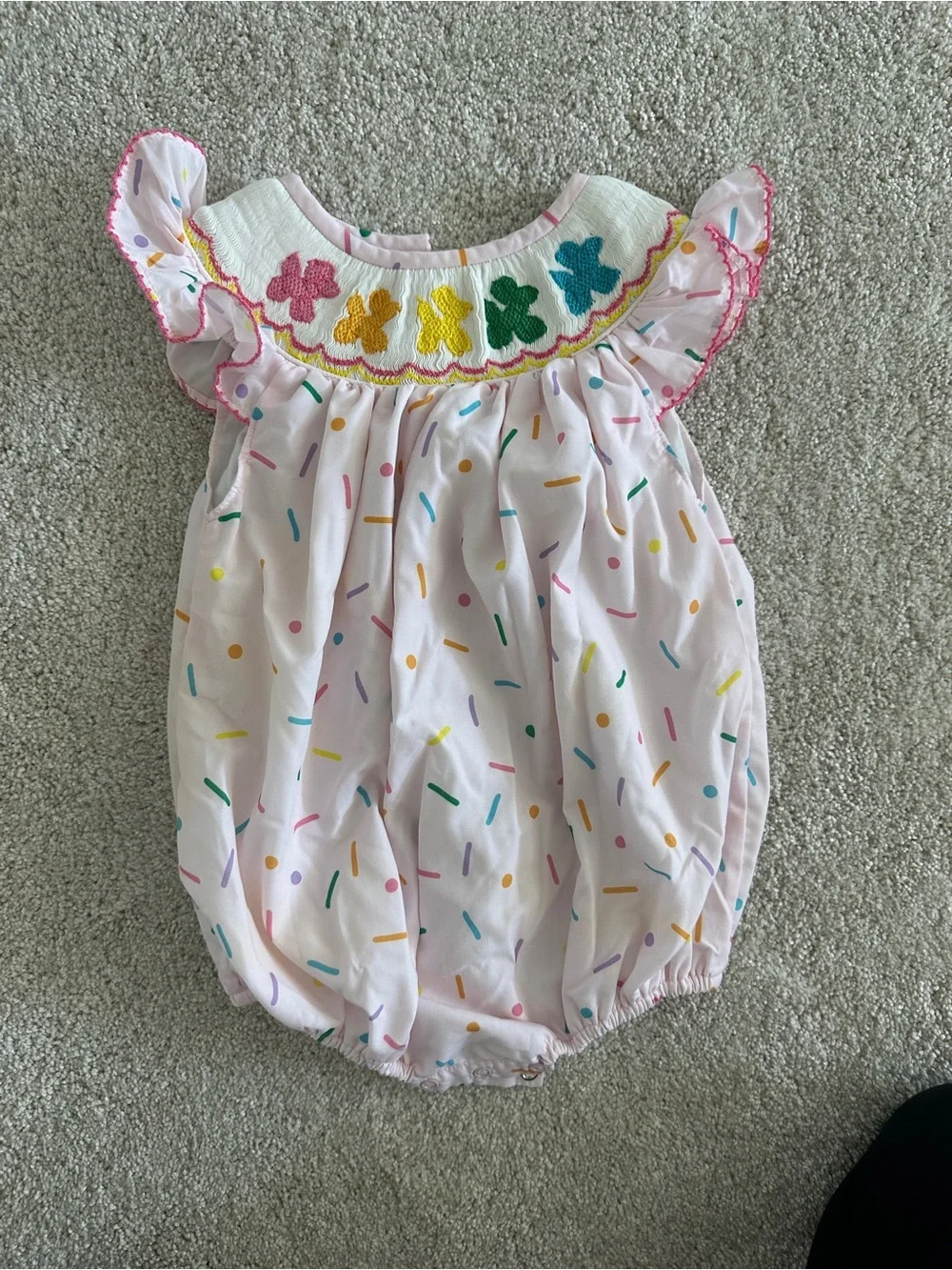 Poppy Kids Co - 12 Month Smock Embroidered Flutter-Sleeve Bubble